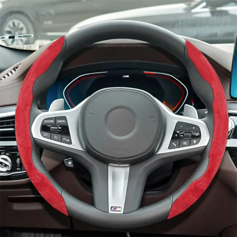 Brown Suede Steering Wheel Cover - Non-Slip Universal Protector for Cars, 38CM