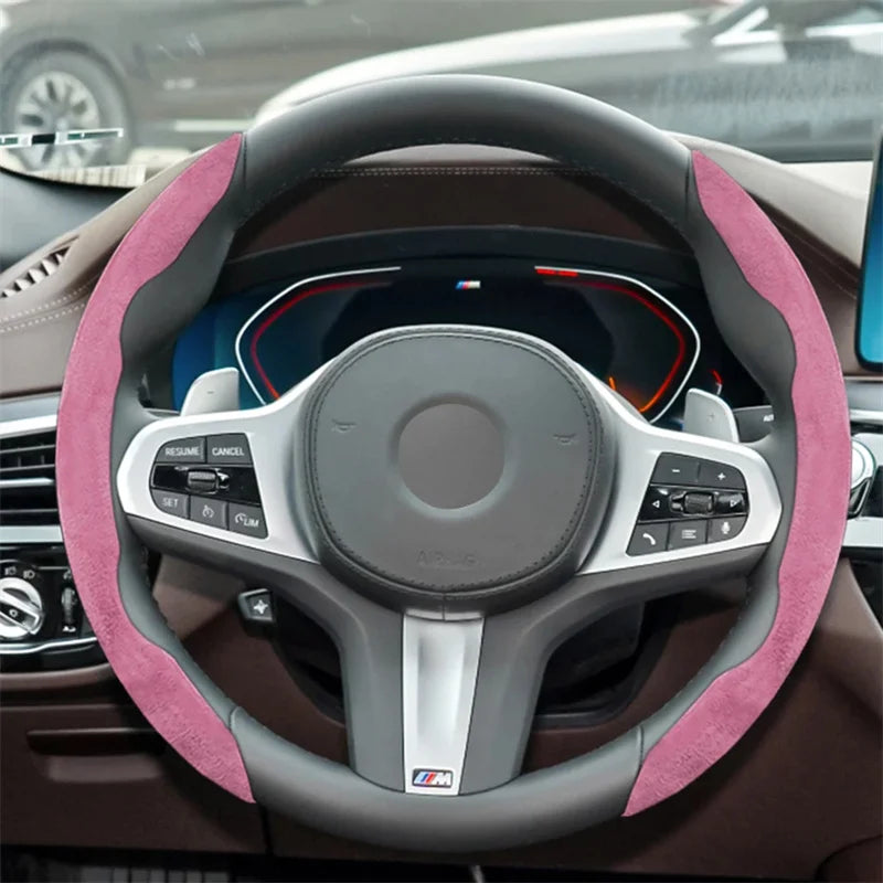 Brown Suede Steering Wheel Cover - Non-Slip Universal Protector for Cars, 38CM