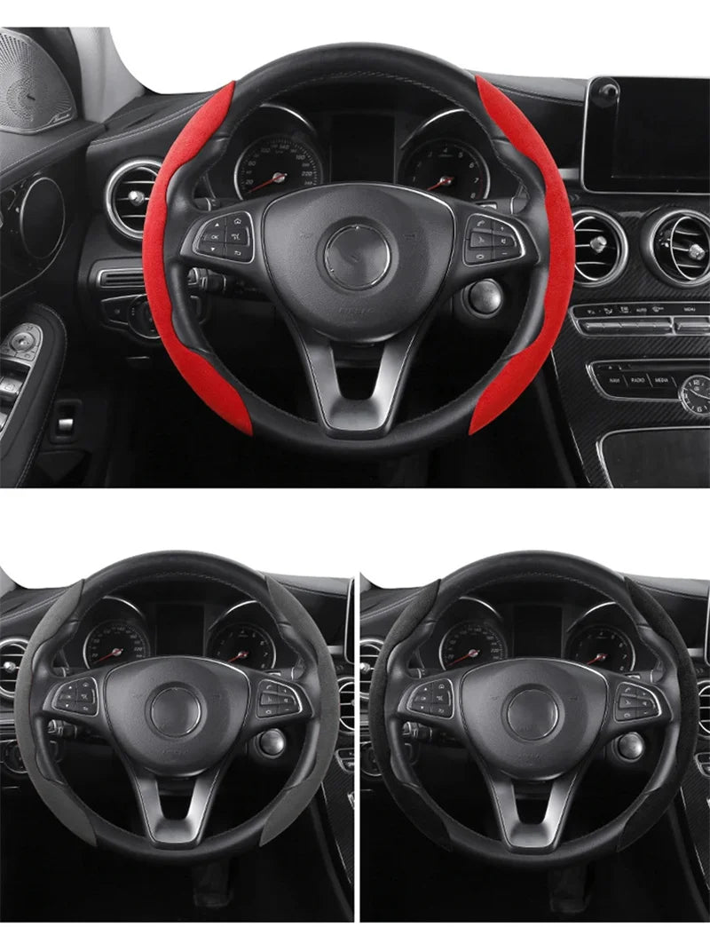 Brown Suede Steering Wheel Cover - Non-Slip Universal Protector for Cars, 38CM