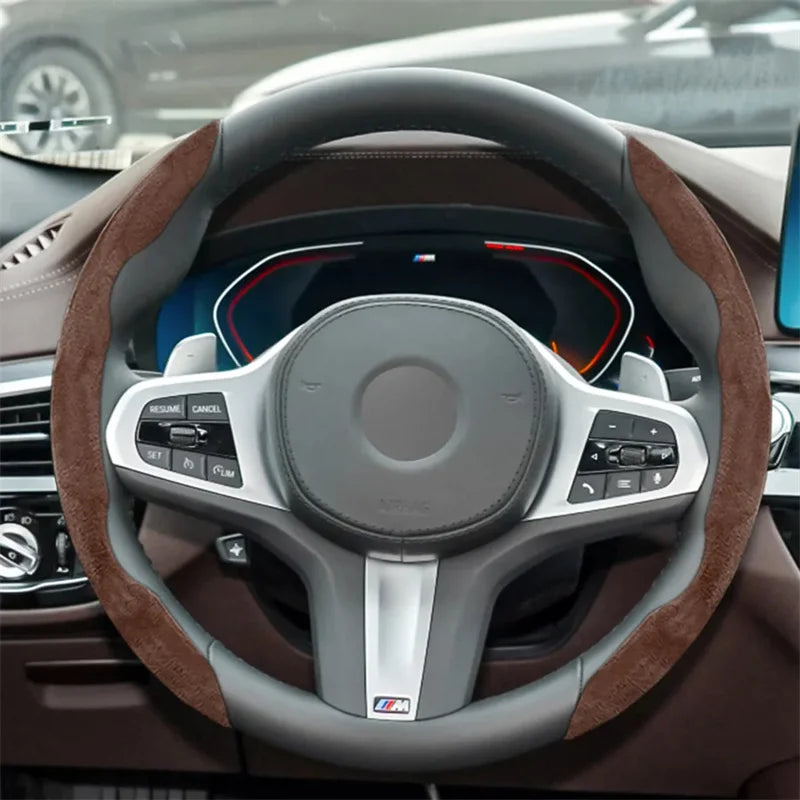 Brown Suede Steering Wheel Cover - Non-Slip Universal Protector for Cars, 38CM