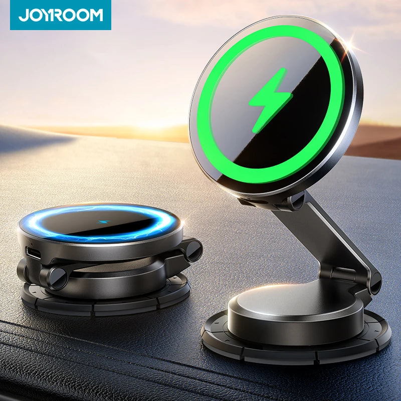 Magnetic Car Mount - 15W Wireless Charging, 360° Rotation, Foldable Phone Holder