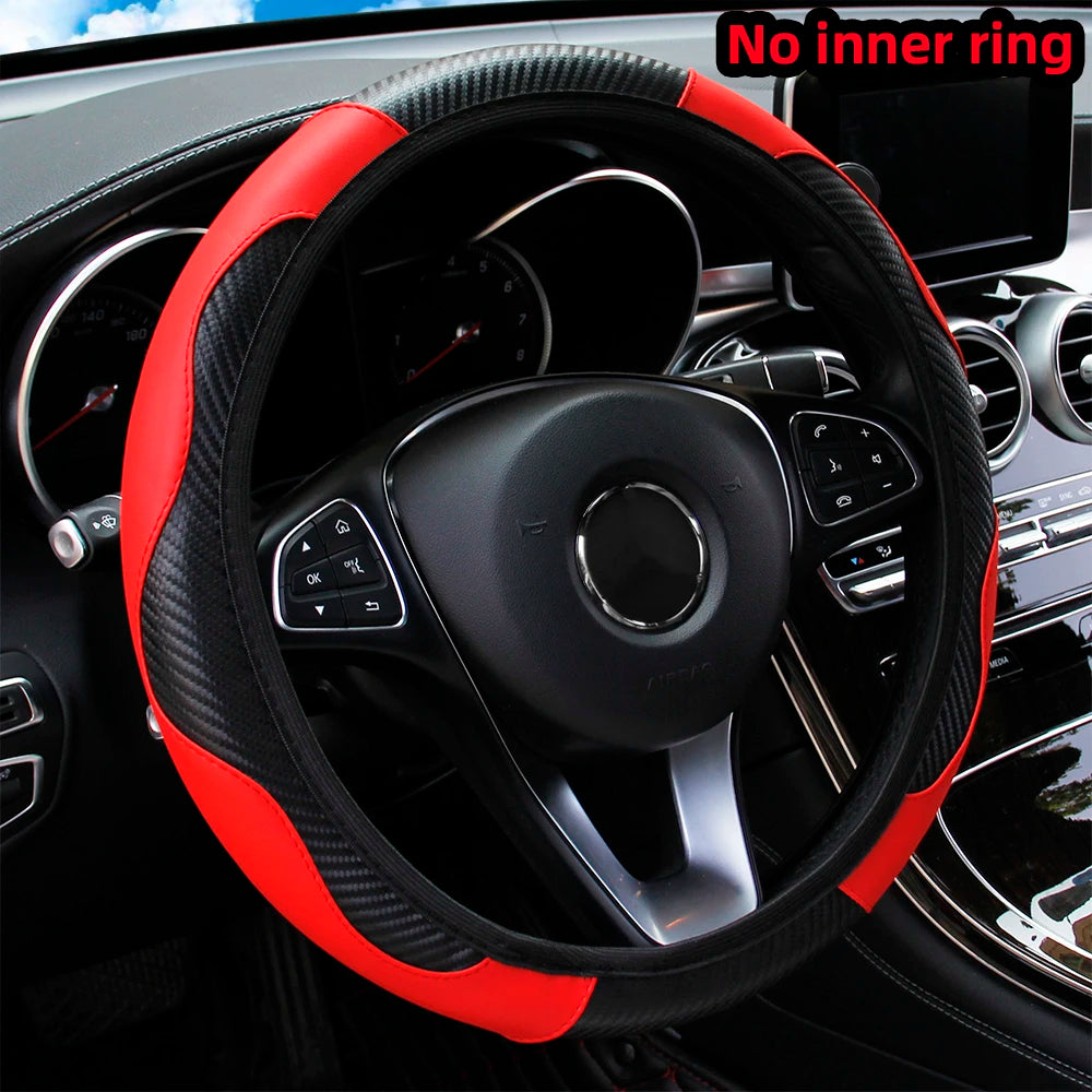 PU Carbon Fiber Steering Wheel Cover - Fits 14.5-15 Inch Cars